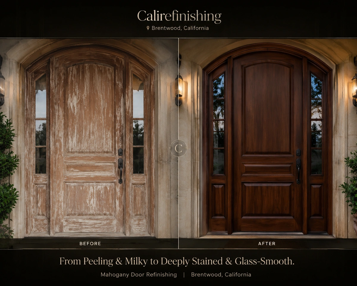 Before and after solid wood front door refinishing in Brentwood CA showing sun-damage repair and dark walnut staining.