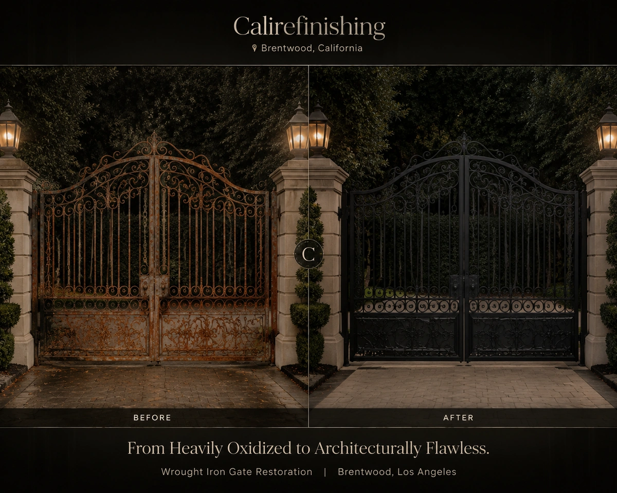 Luxury estate gate iron door restoration near me in Brentwood CA showing rust removal and weatherproofing.
