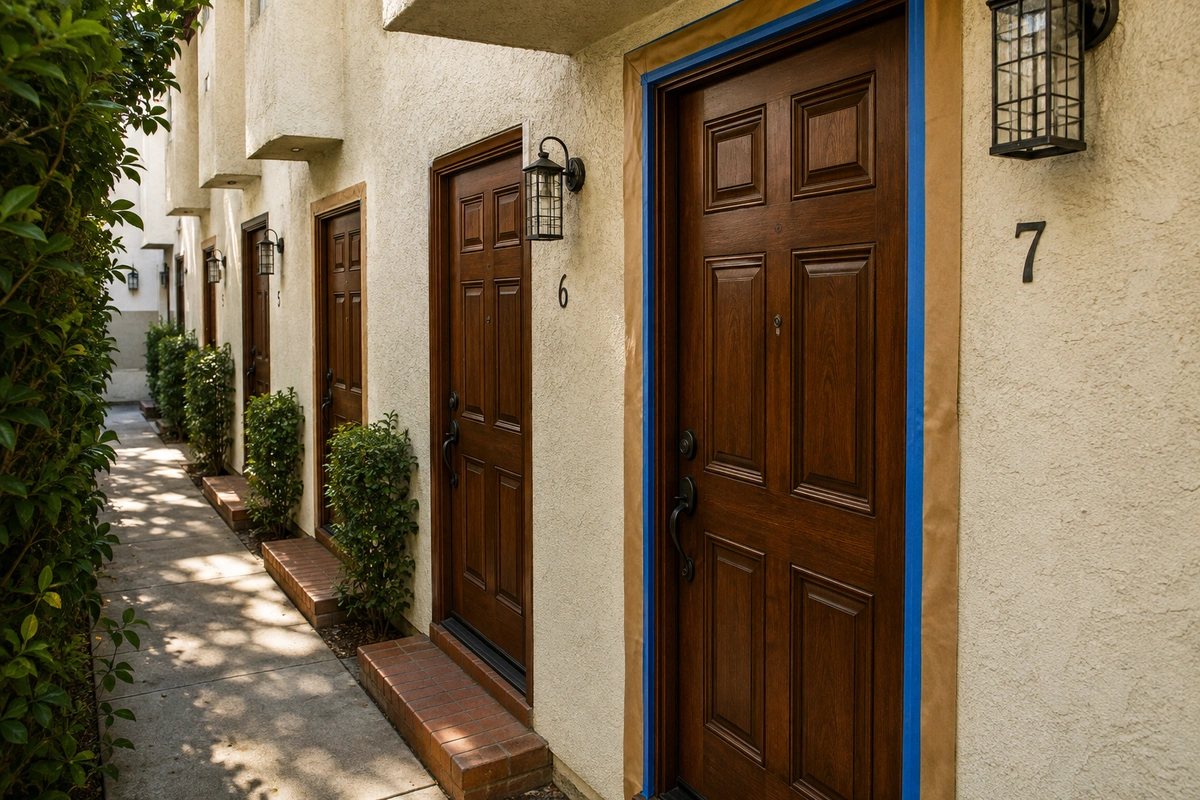 Matching condo entry door refinishing for a Marina del Rey HOA community