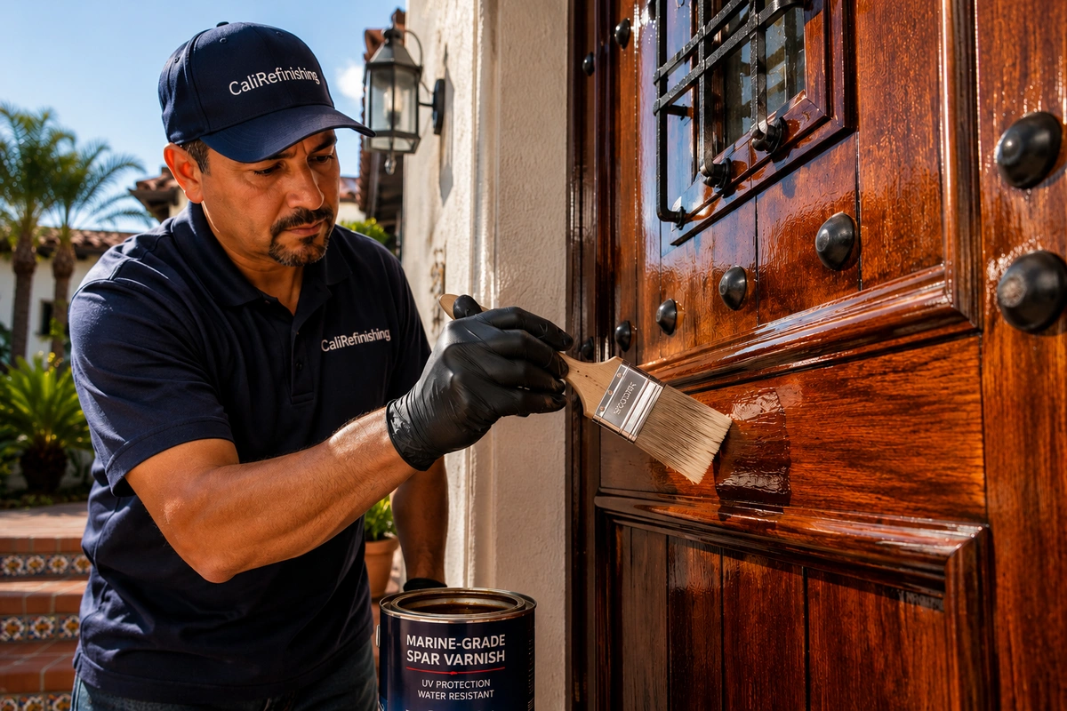 Cali Refinishing artisan applying UV-resistant marine spar varnish during a professional door refinishing Glendale project to ensure long-lasting weather protection.