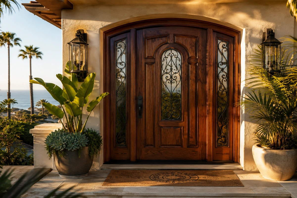 Completed custom wood door restoration near me on a coastal Los Angeles home