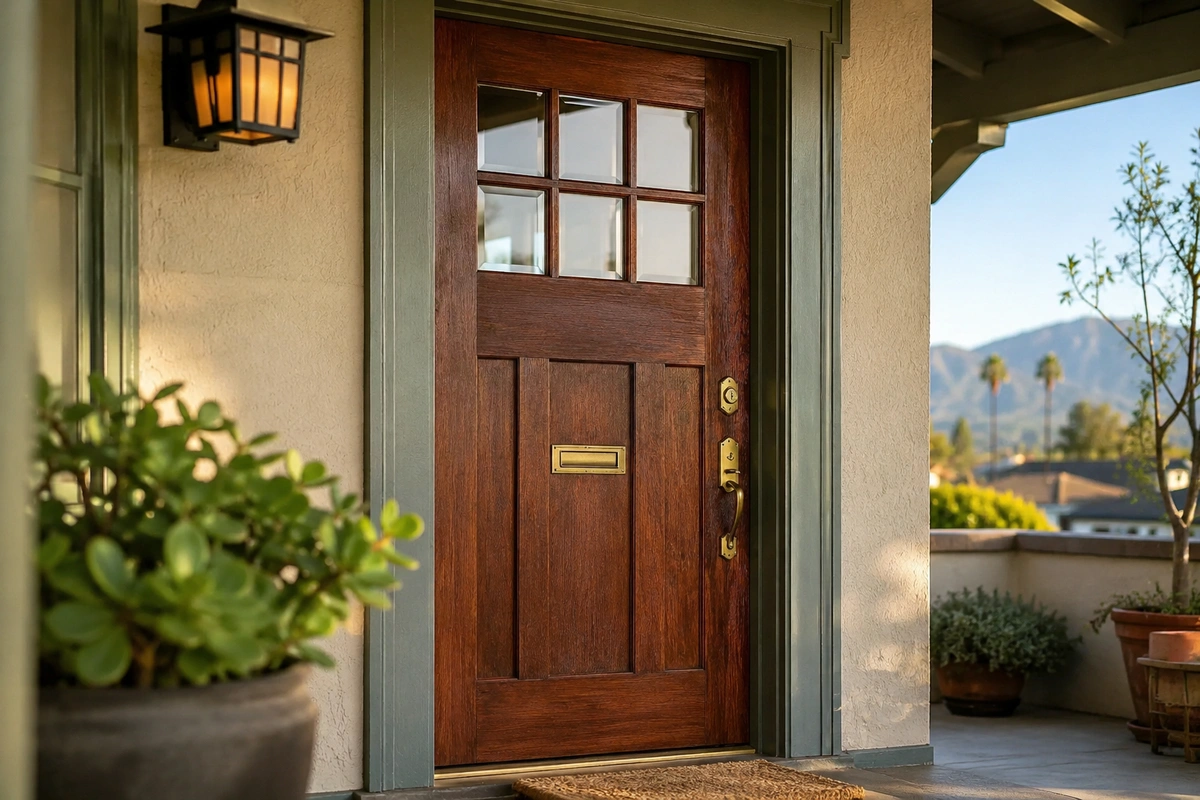 Door refinishing Burbank CA — restored Craftsman front door with mahogany stain