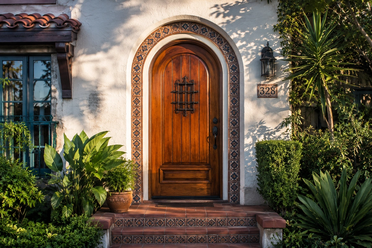 A newly restored mahogany front door by expert door refinishing Central LA specialists, showcasing rich wood grain and UV-resistant clear coat.