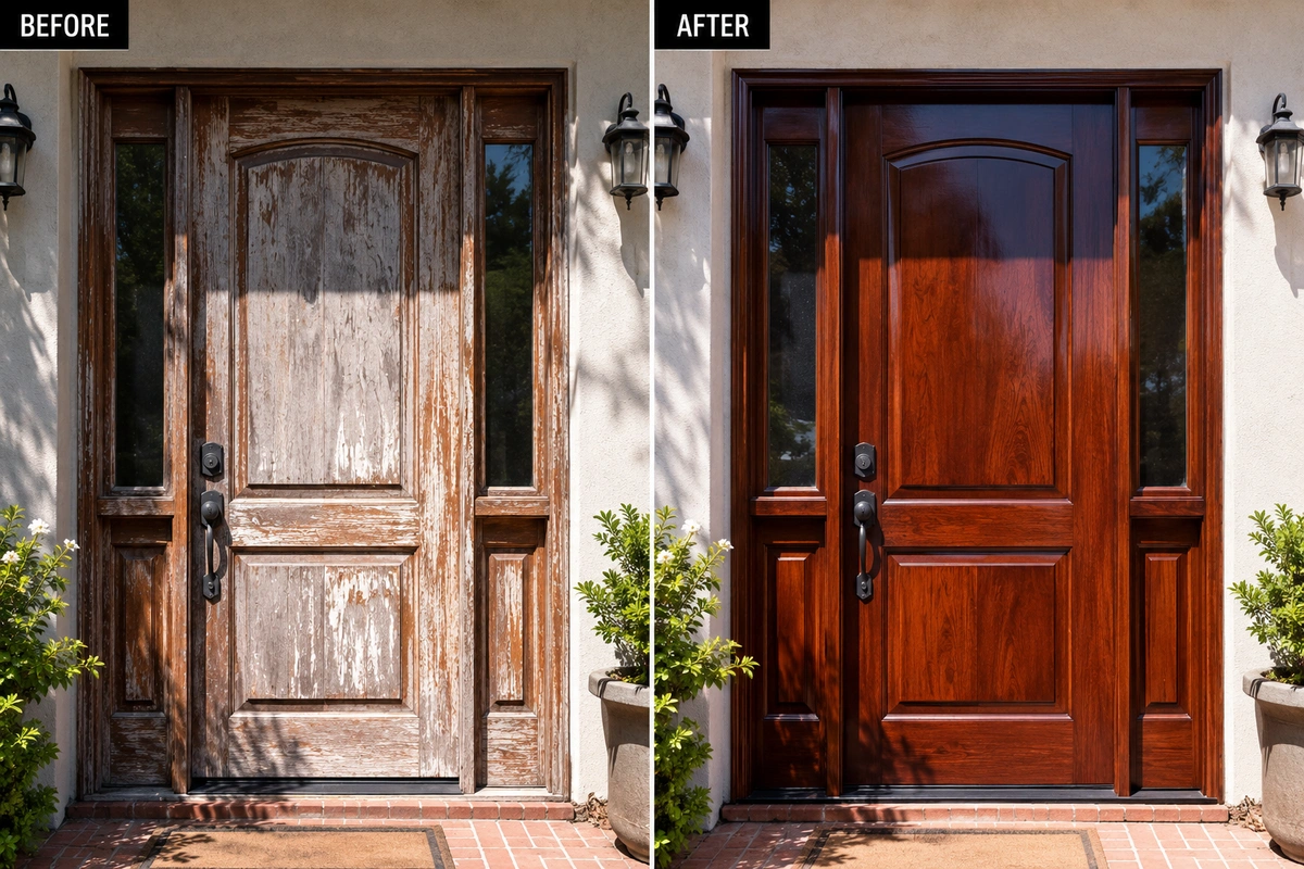 Before and after comparison of expert door refinishing Glendale showcasing UV damage repair and premium wood restoration.