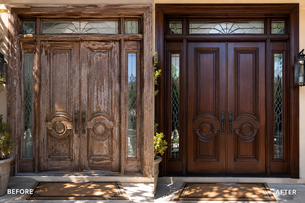 Before and after of door refinishing in Manhattan Beach showing restored mahogany wood.