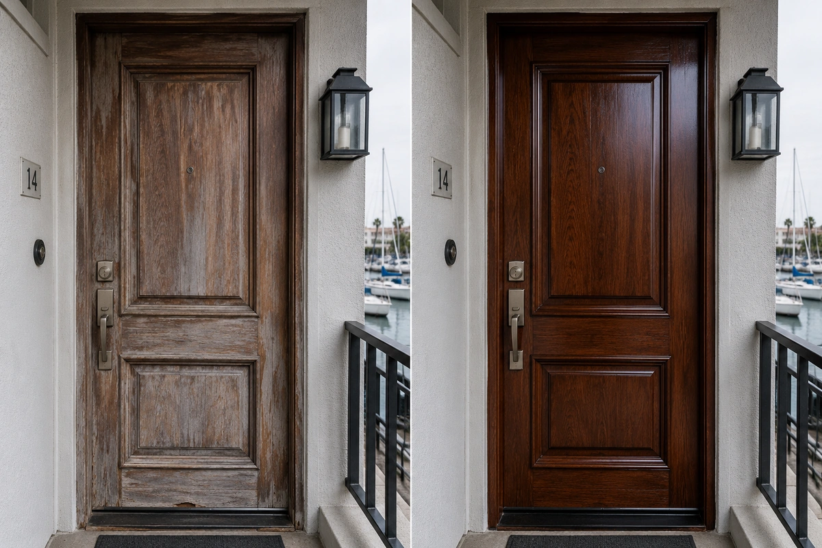Before and after wood front door refinishing in Marina del Rey CA showing harbor humidity damage repair