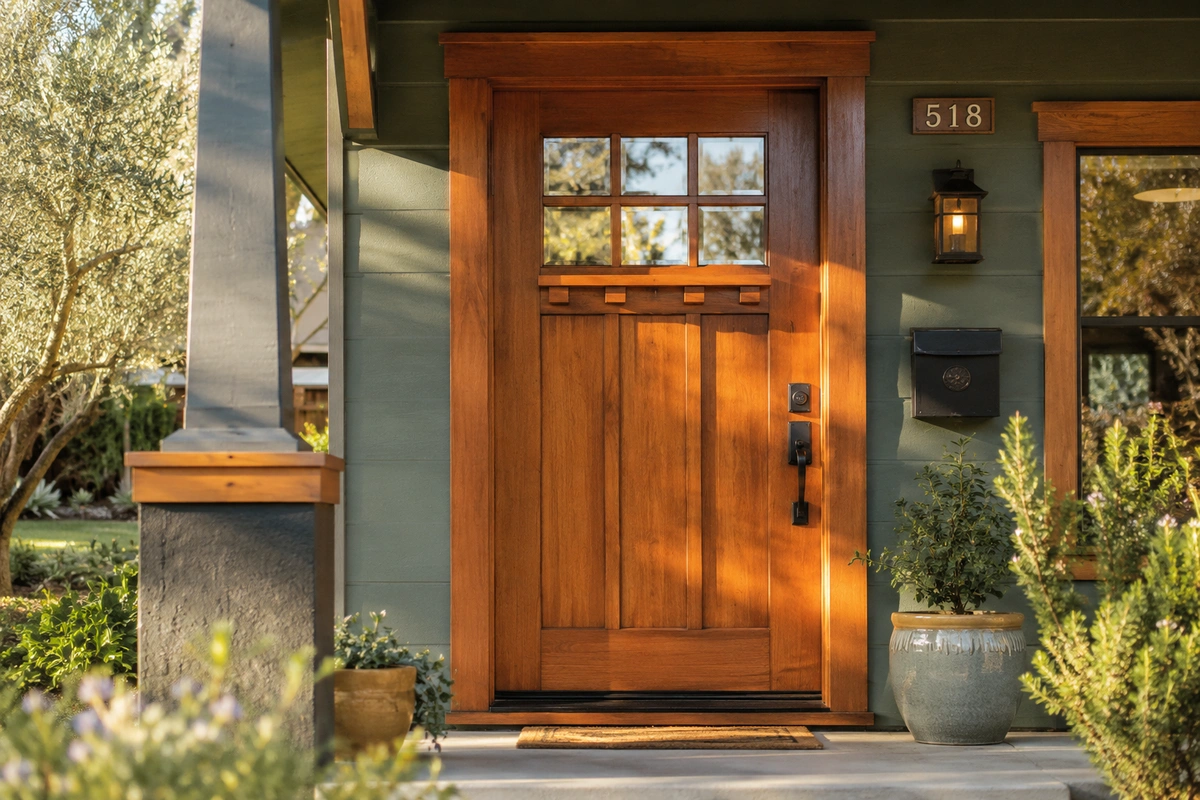 Door refinishing Redondo Beach — refinished mahogany Craftsman front door in Riviera Village