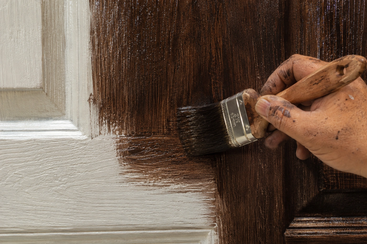 An artisan applying exterior fiberglass door staining using specialized gel stain and dry-brushing techniques to create a realistic wood grain finish in Central LA.