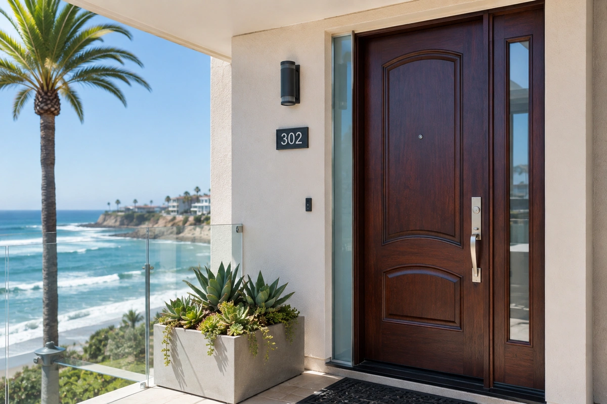 Fiberglass door refinishing on an Esplanade condo, Redondo Beach