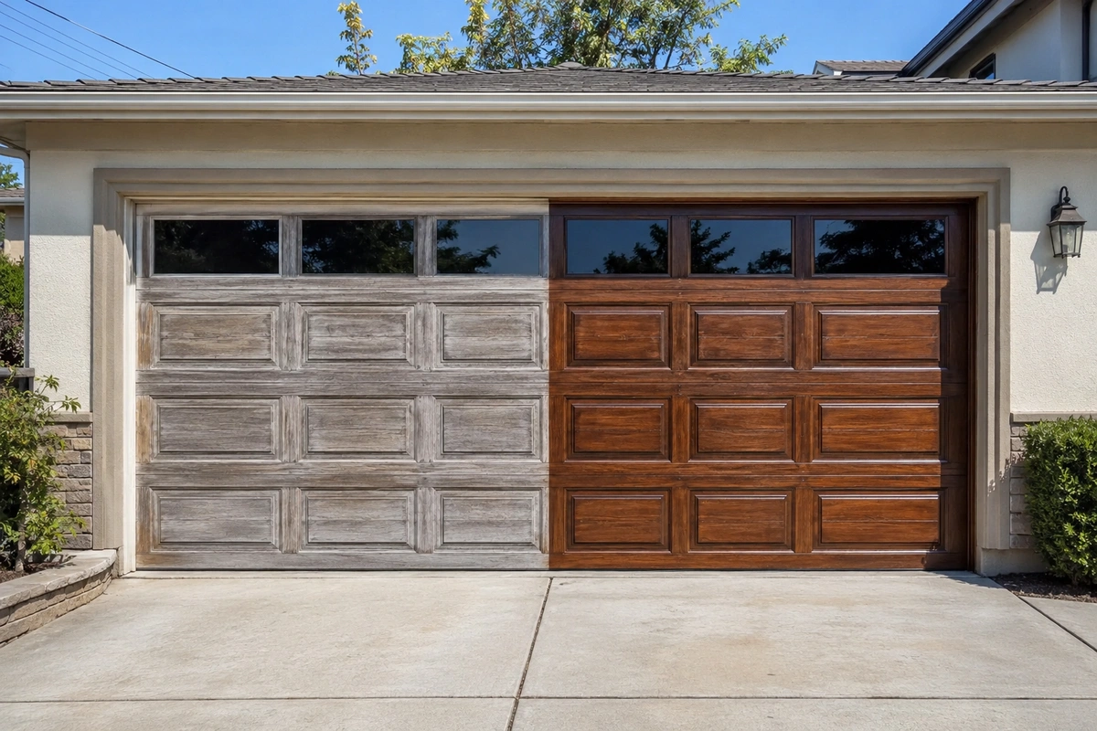 Garage door refinishing North Redondo — gel stain wood-look transformation