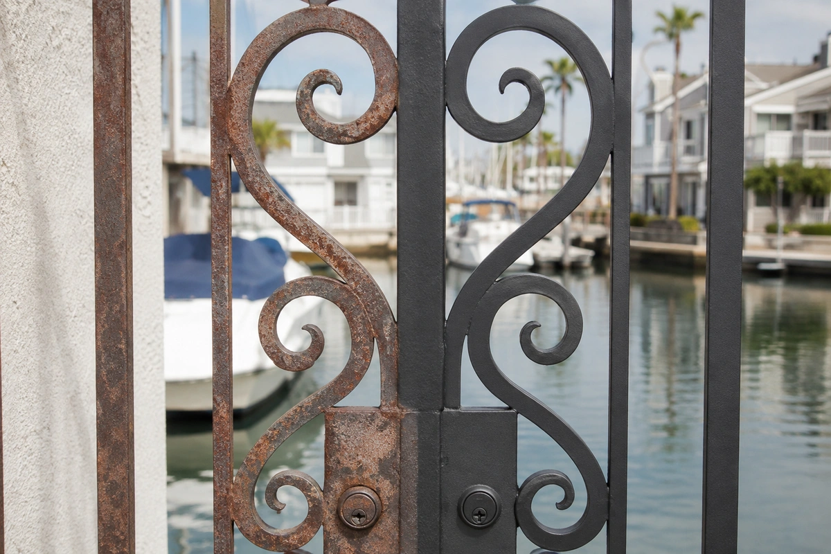Wrought iron gate restoration near Marina del Rey harbor showing rust removal and marine-grade coating