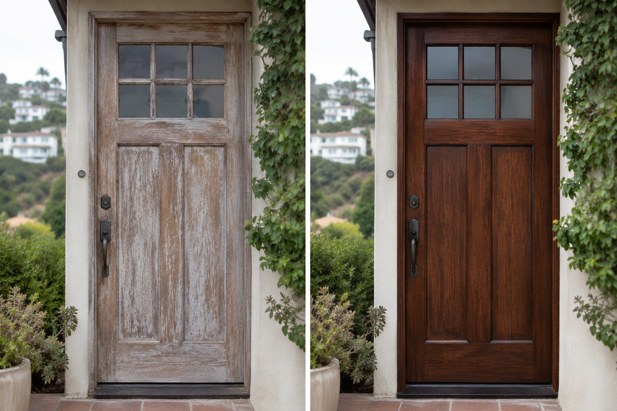 Before and after HOA door refinishing in Los Angeles matching an approved architectural color