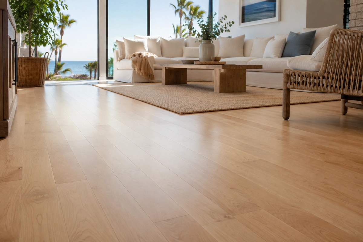Beautifully refinished blonde maple hardwood floors with a matte finish in a modern coastal Los Angeles home.