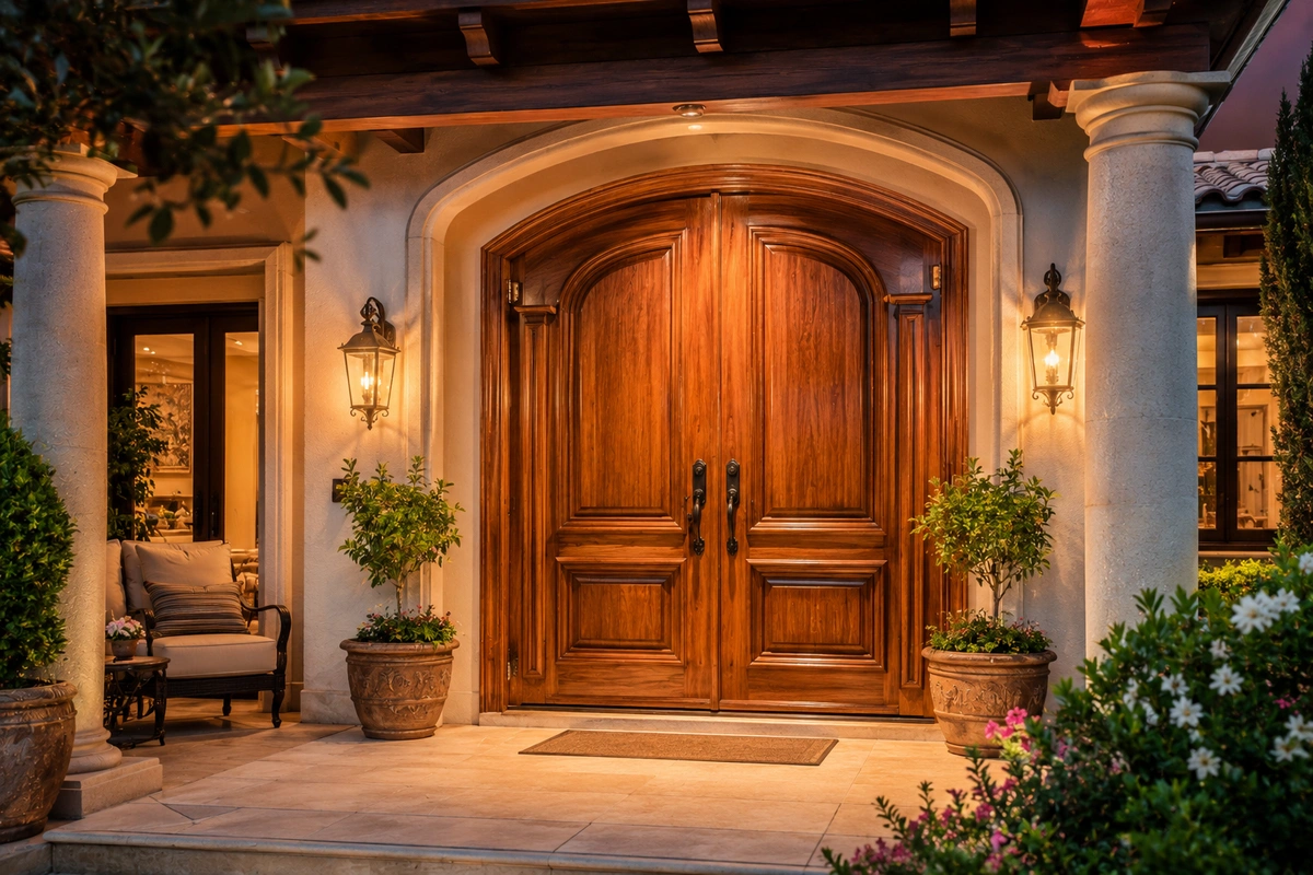 A stunning set of restored oak double doors shining under porch lights, showcasing the flawless finish provided by California Door Refinishing in Central LA.