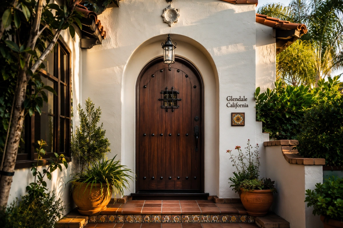 Flawlessly restored Spanish Colonial entry door showing expert door refinishing Glendale preserving historic architectural details and hardware.