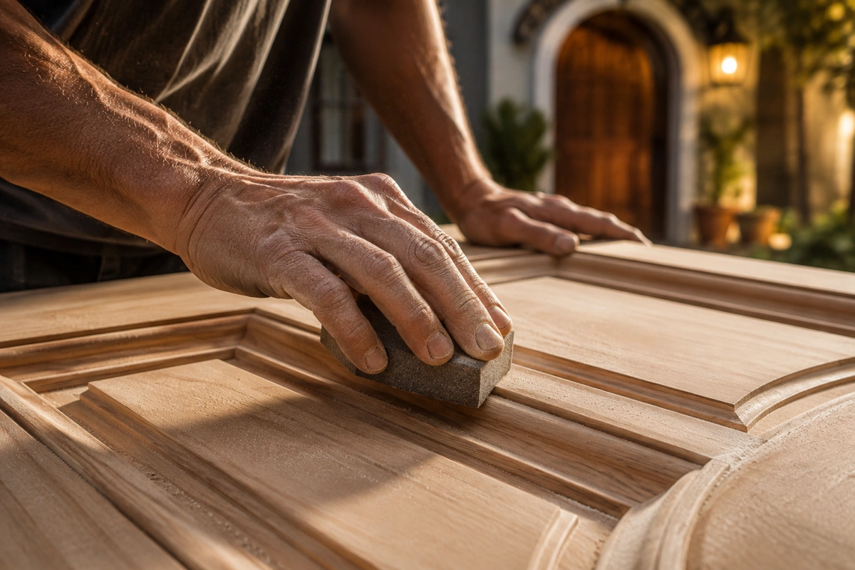A California Door Refinishing technician carefully hand-sanding the intricate panels of a raw wood door during a meticulous stripping and refinishing exterior wood process.