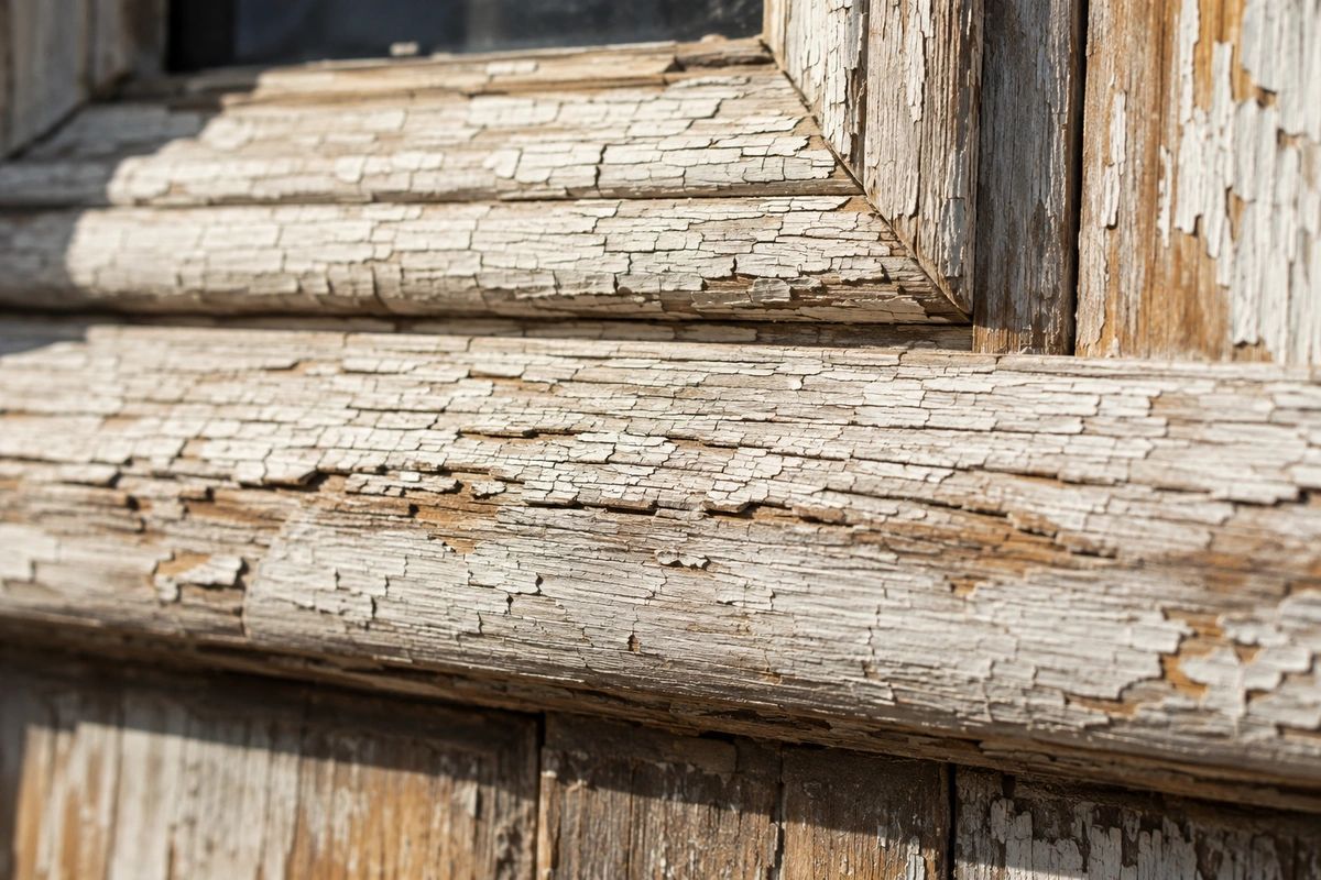 Macro view of severe UV damage and peeling varnish on a wood door requiring professional door refinishing Glendale services.