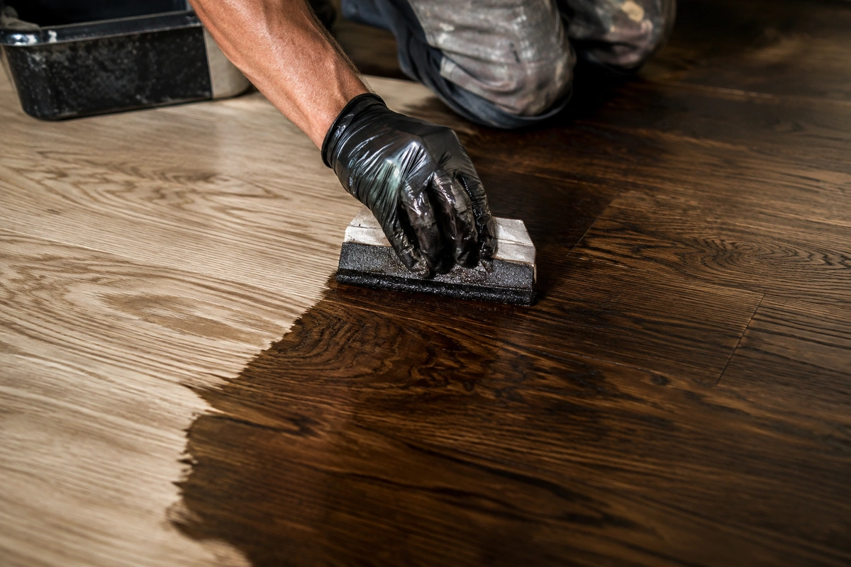 Professional applying dark custom wood stain to an oak hardwood floor in Los Angeles.