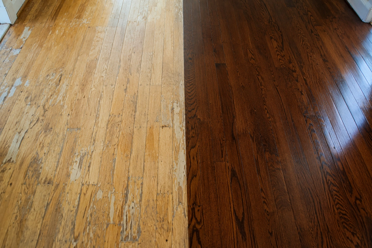 Before and after comparison of a damaged hardwood floor fully restored and refinished in Los Angeles.