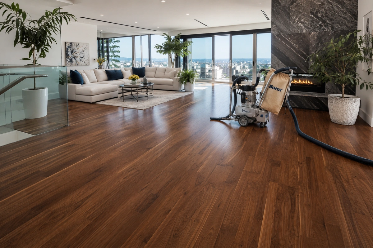 Pristine freshly refinished wood floors in a Los Angeles home after dustless sanding and custom staining.