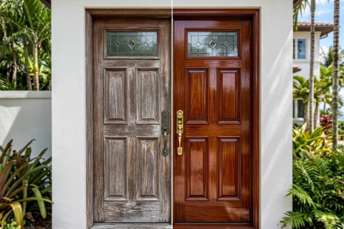 Before and after restoration comparison of a dark walnut wood rental door in Los Angeles