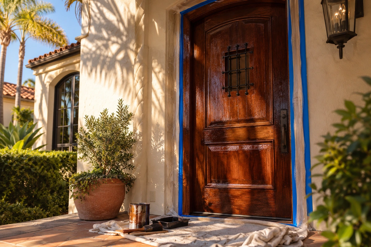 Best time of year to refinish a door in Los Angeles — front entry mid-refinishing