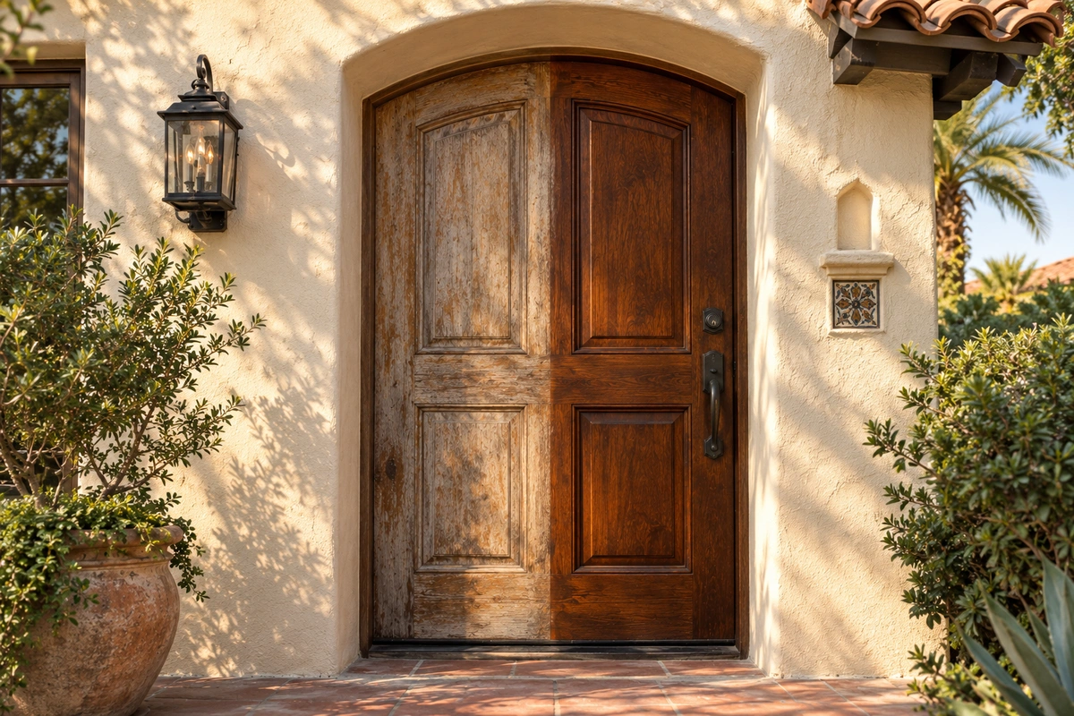 Sun-faded wood front door in Los Angeles showing uneven discoloration before refinishing