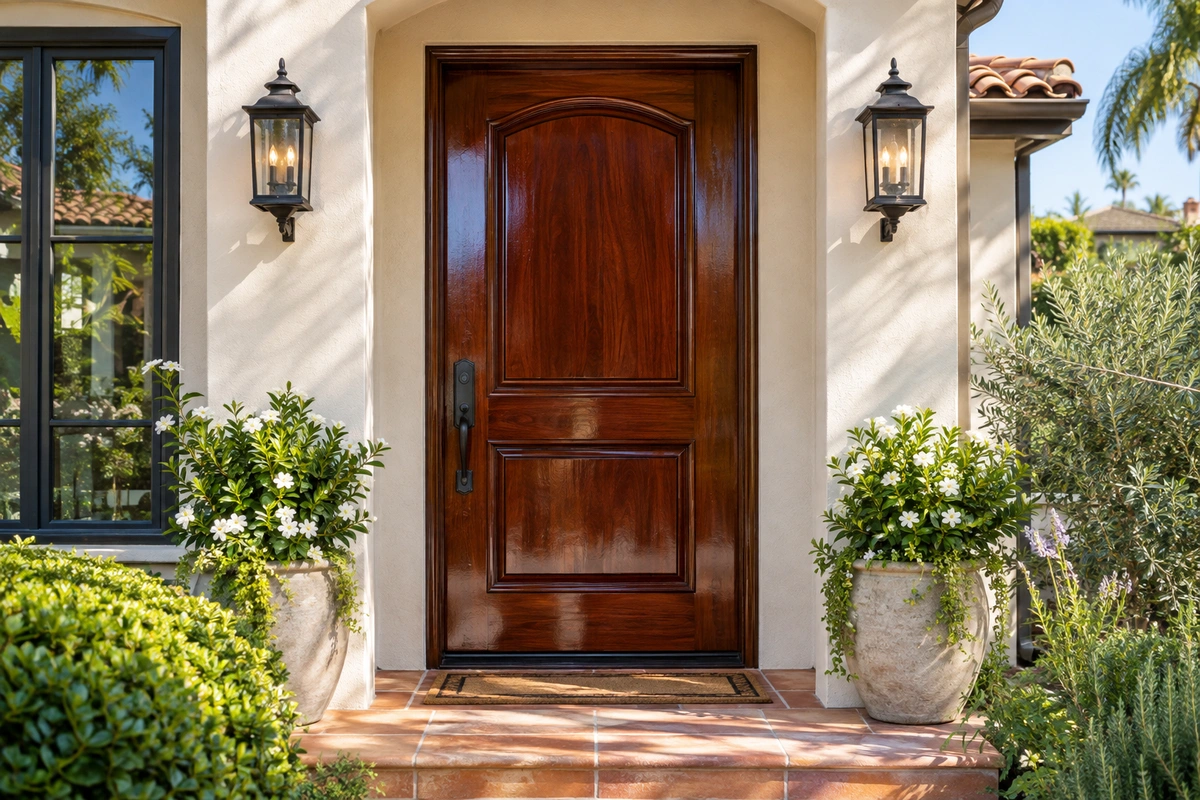 Freshly refinished mahogany front door with even protective topcoat in Los Angeles