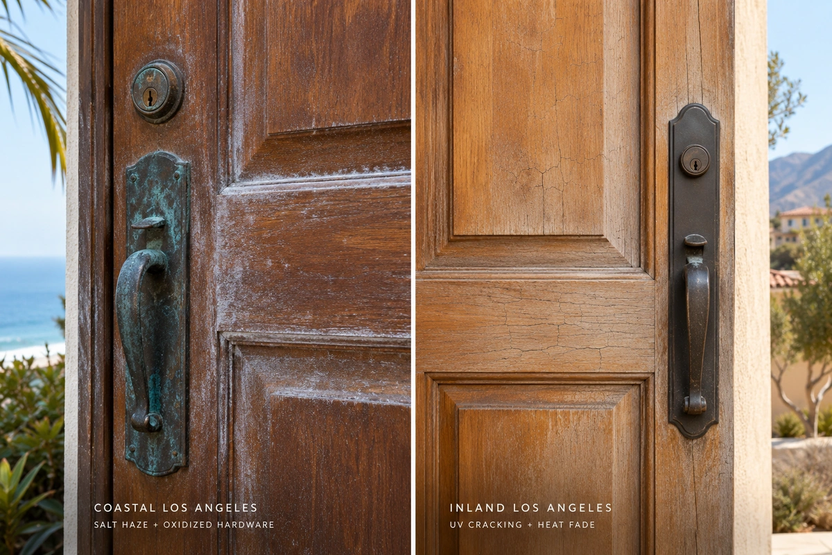 Comparison of coastal salt damage and inland UV damage on Los Angeles entry doors