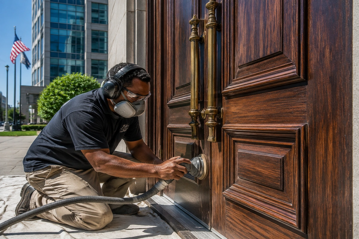 Refinishing technician hand sanding a solid oak rental property door in Los Angeles