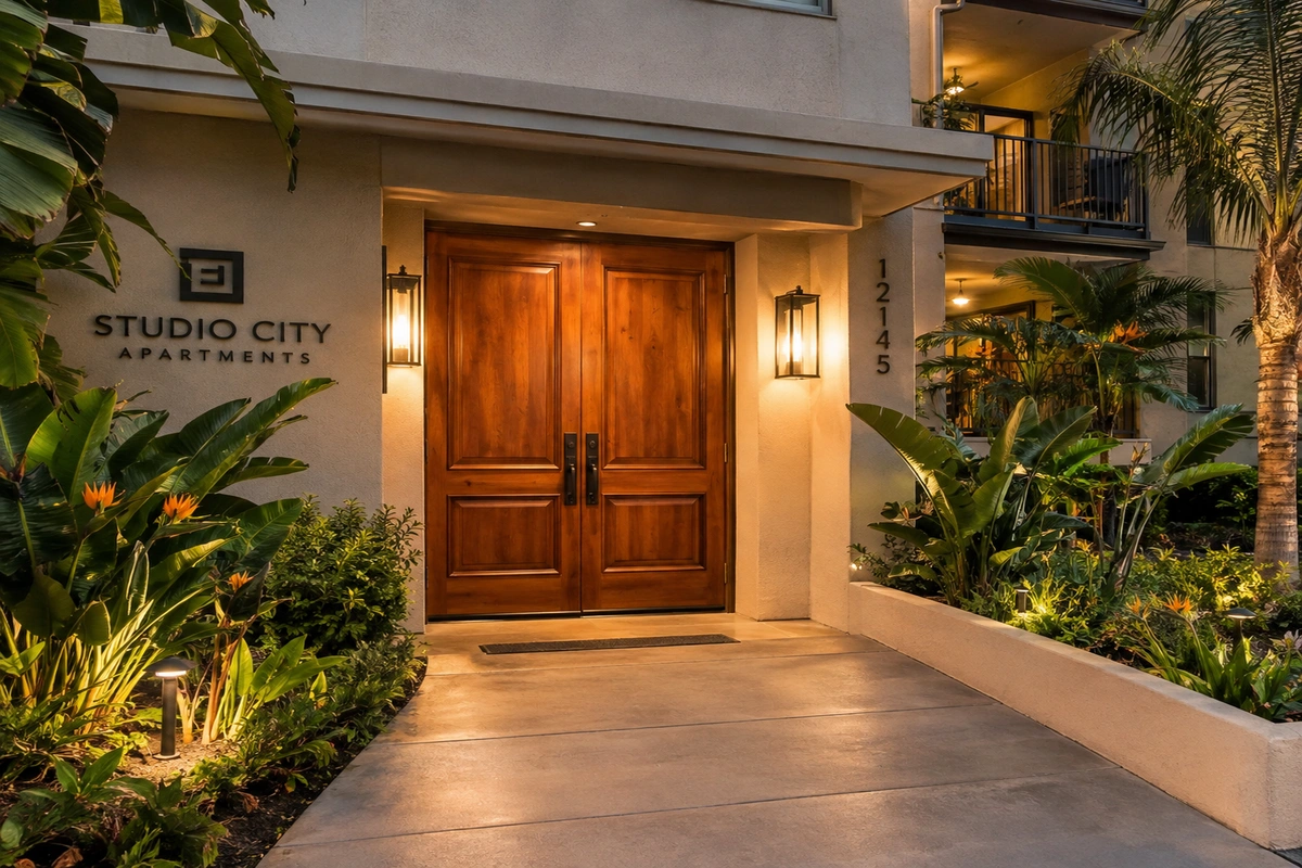Refinished solid wood entrance door on a multi-family rental building in Studio City Los Angeles