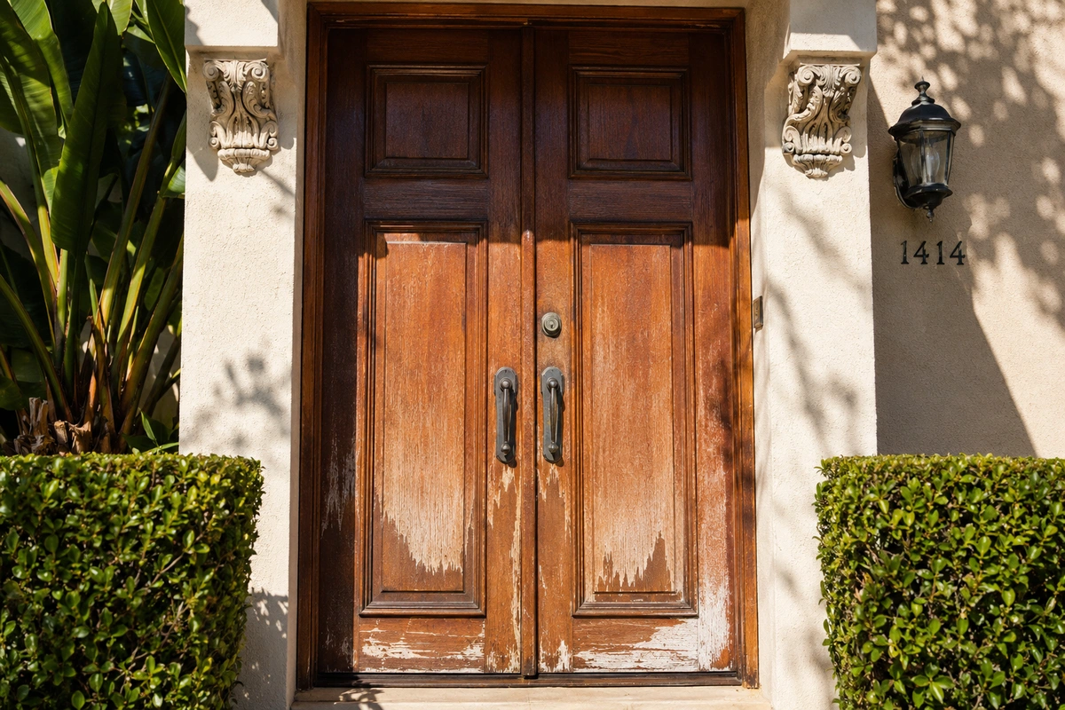 Sun damaged peeling mahogany entrance door on a Los Angeles rental property needing professional refinishing